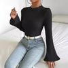 Autumn and Winter New Solid Color Pit Strip Long-sleeved T-shirt Semi-turtleneck Fungus Edge + Horn Sleeve Slim and Thin Knitted Base