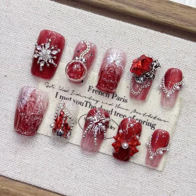 Handmade Short Almond Press-On Nails With Red Castle Fireworks Design Women Girls Medium