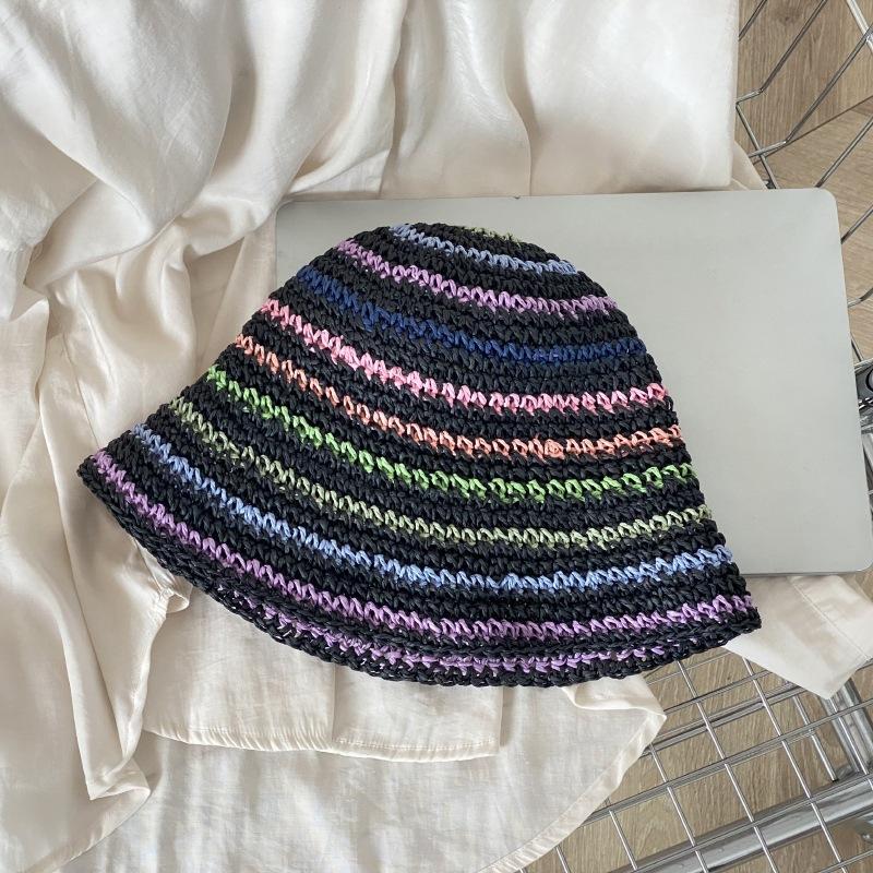 South Korea Spring And Summer Thin Handmade Knitted Fisherman'S Hat Children'S Colored Striped Basin Hat Versatile Sunscreen Shade Straw Hat