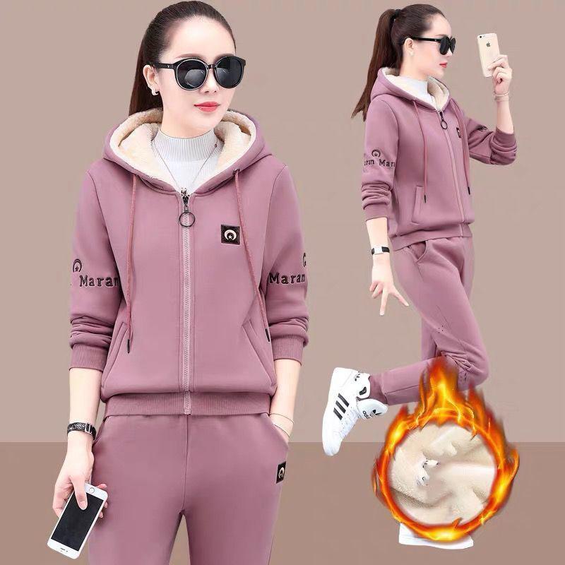 Winter Warm 2 Pieces Sets Hooded Plush Lined Tracksuit High Waist Harem Pants Suit Plush Lined Thick Jogger Woman Outfit