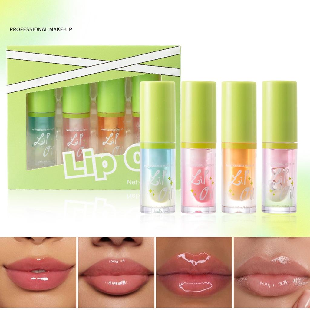 Moisturizing Lip Oil Set 4 Tablets, Large Brush Head Moisturizing Lip Gloss Gloss Transparent Mirror Moisturizing Cantaloupe Lip Oil 4.8ML*4