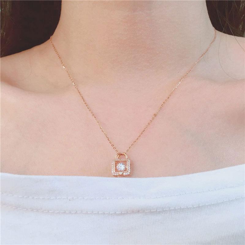 Exquisite Pure Russian 585 Purple Gold Luxury Flash Diamond Opal Lock Sleeve Chain Plated Rose Gold Lifetime Lock Love Necklace