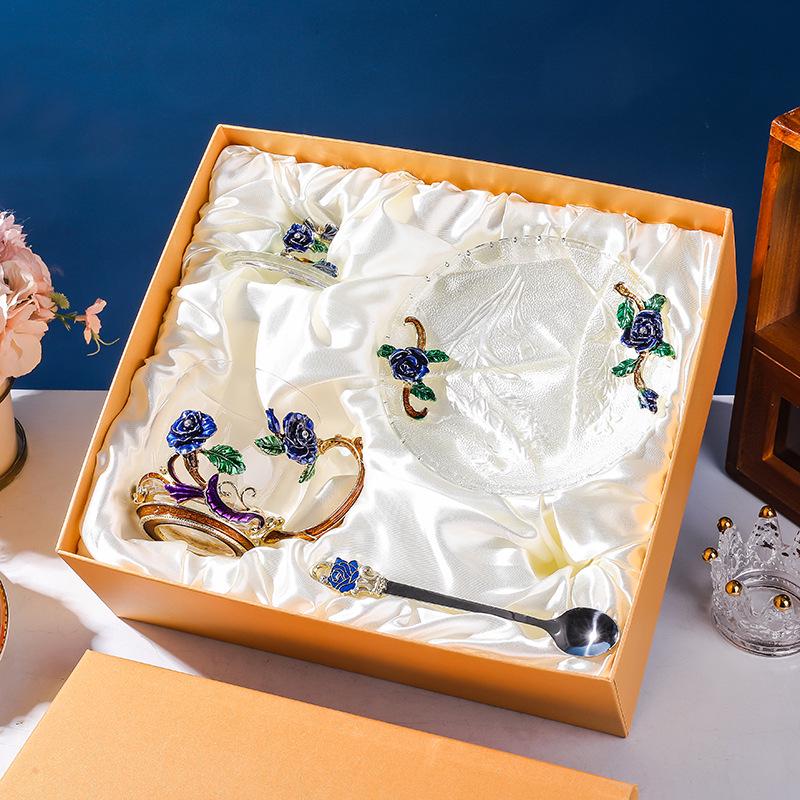 Colored Enamel Flower Glass Tea and Coffee Cup Set for Home and Office