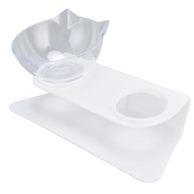 15 Degrees Inclined Cat Double Bowl Neck Guard Pet Feeding Bowl for Home Pet Shop Living Room(White Base Transparent Bowl )
