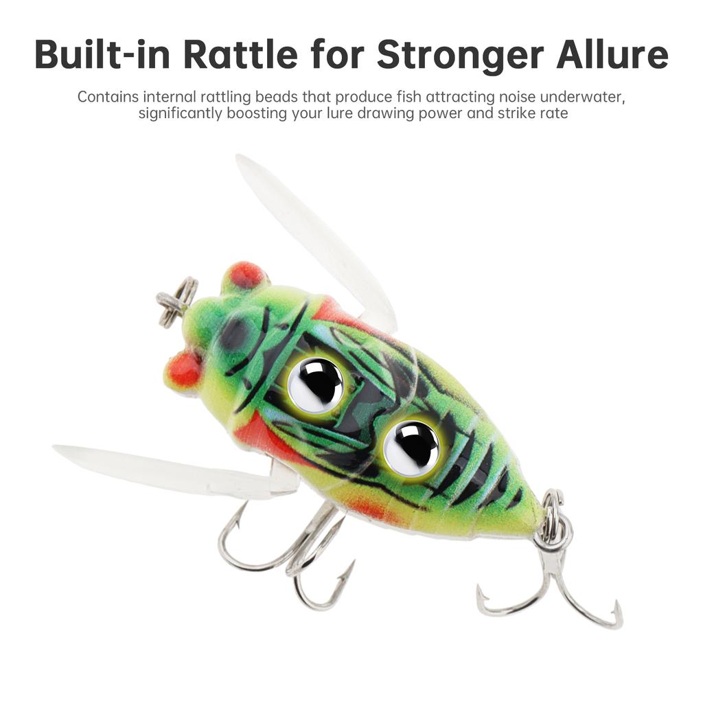 5 Pièces Leurres Bioniques Flottants Cigale, Ailes Mouvantes Dynamiques & Hameçons Triples Forts 3X, 50mm 6g Appât Insecte Ultra-Réaliste