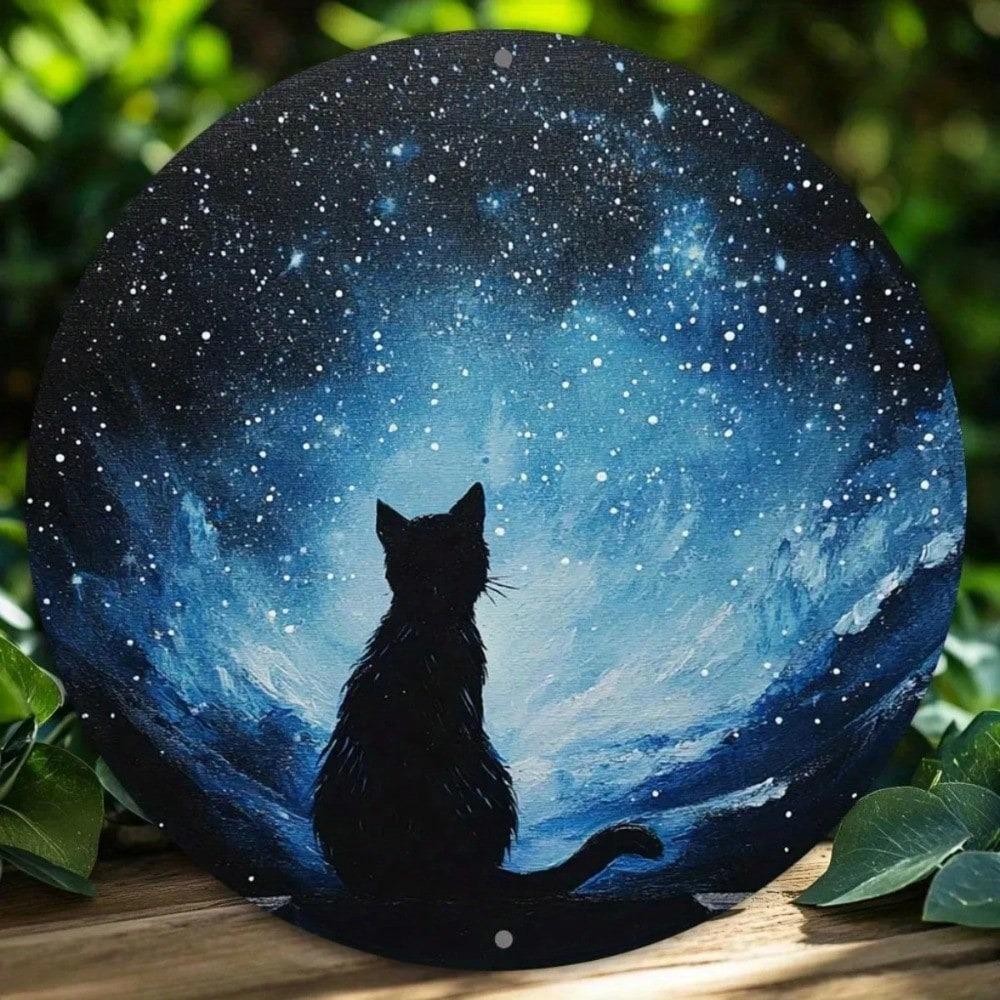 Vintage Round Cat Starry Sky Metal Wall Art Decor Home Cafe Office