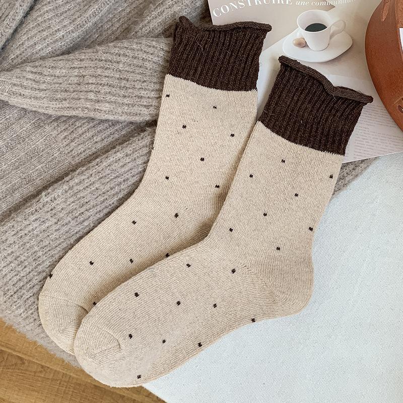 Wool Socks Children'S Stacking Socks Season Fleece Thickened Warm Color Matching Retro Polka Dot Curled Cashmere Medium Tube Socks