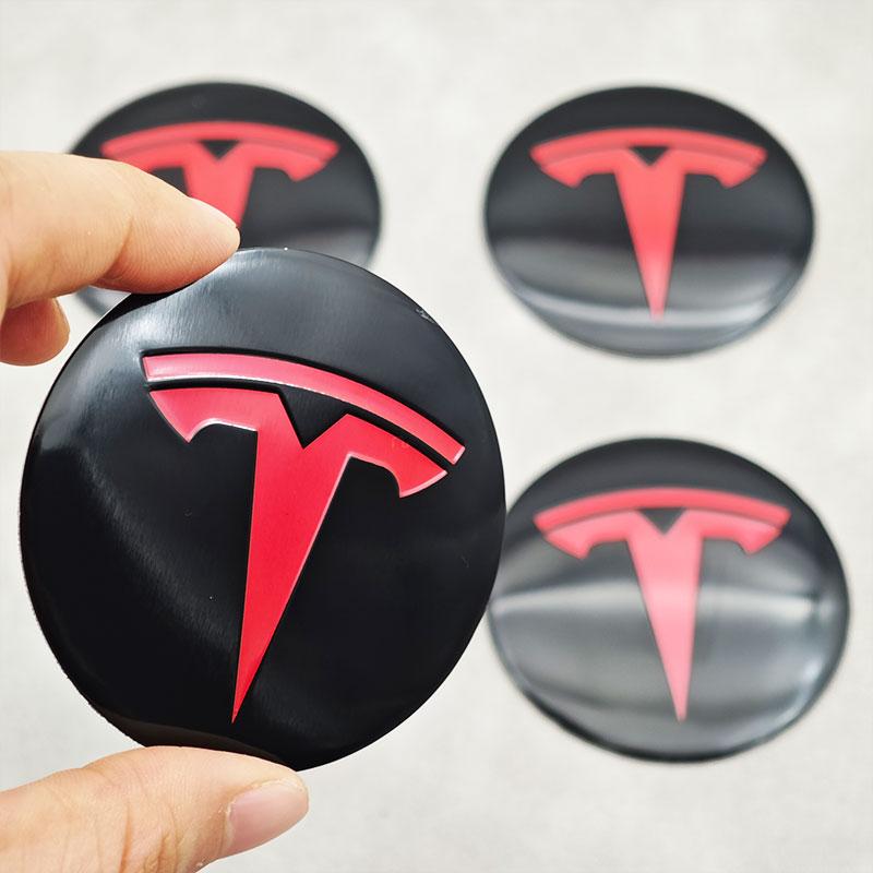 ALL1 4Pcs/set 56mm Black Red Tesla Logo Cap Hub Center Caps Sticker for Tesla Model 3 Y S X Personalized Car Sticker Car Accessories