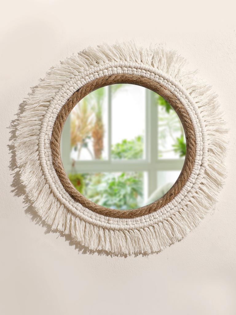 Macrame Mirror Wall Hanging Decorative Mirrors for Vanity Dorm Boho Woven Tassel Home Decor for Living Room Art Decorative Gifts