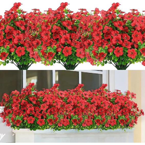 SOMYTING Artificial Azalea Flowers Outdoor 8 Bundles Fake Flowers Faux Plastic Eucalyptus Plants UV Resistant Silk Flower Shrubs for Garden Porch