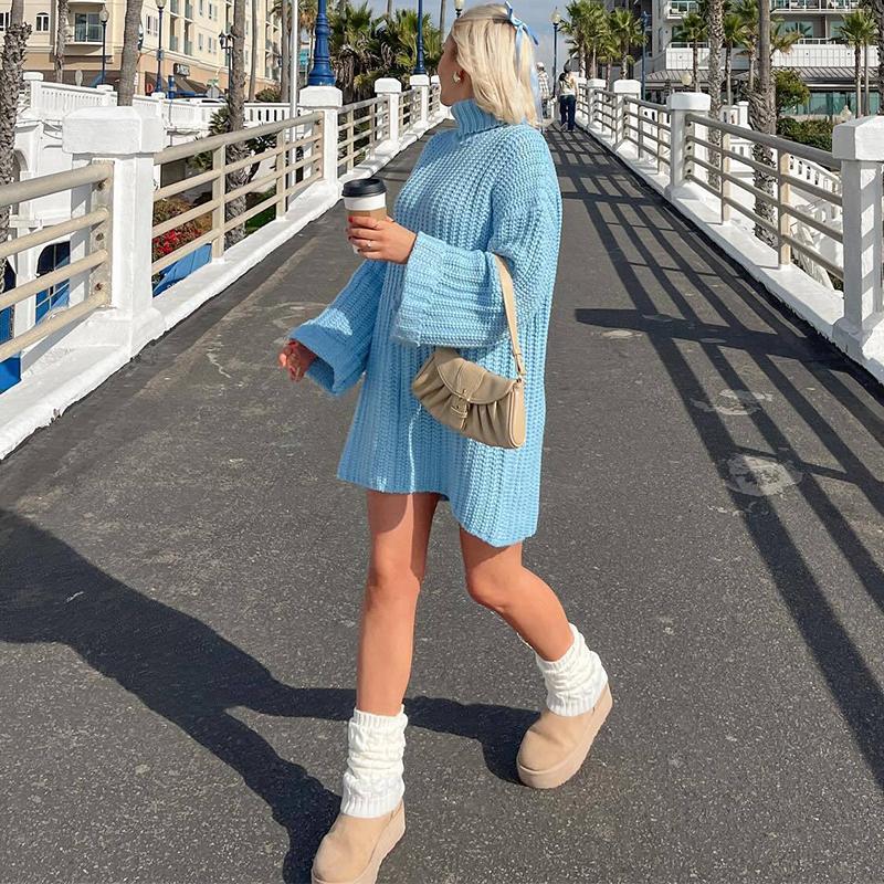 Casual Knitted Pullover Dress Women Turtleneck Long Sleeve Ribbed Female Sweater Autumn Winter Fashion Lady Warm Outwears