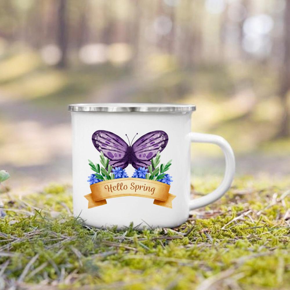 Hello Spring Enamel Camping Mug Appreciation Best Original and Fun Gifts Drink Juice Water Dessert Cocoa Milk Handle Cup