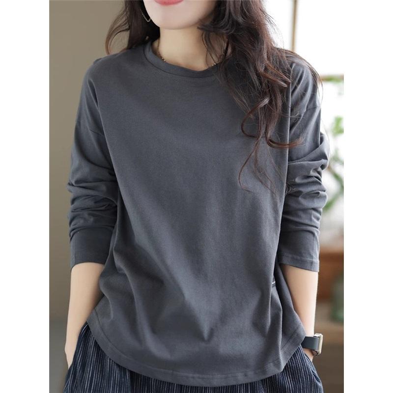 Autumn And Winter Vintage Solid Color Long Sleeved Loose T Shirt Base Shirt