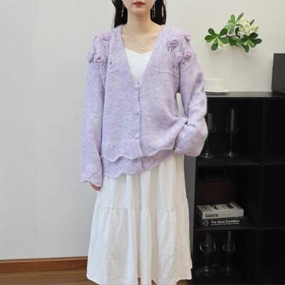 Autumn and Winter New V-neck Three-dimensional Flower Knitted Cardigan Loose Soft Waxy Gentle Wind Sweater Jacket Women