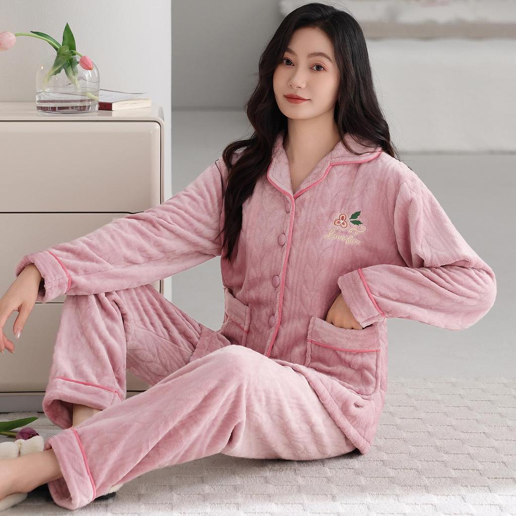 Women's Plus Size Thick Coral Fleece Pajamas - Warm Flannel Homewear for Autumn and Winter
