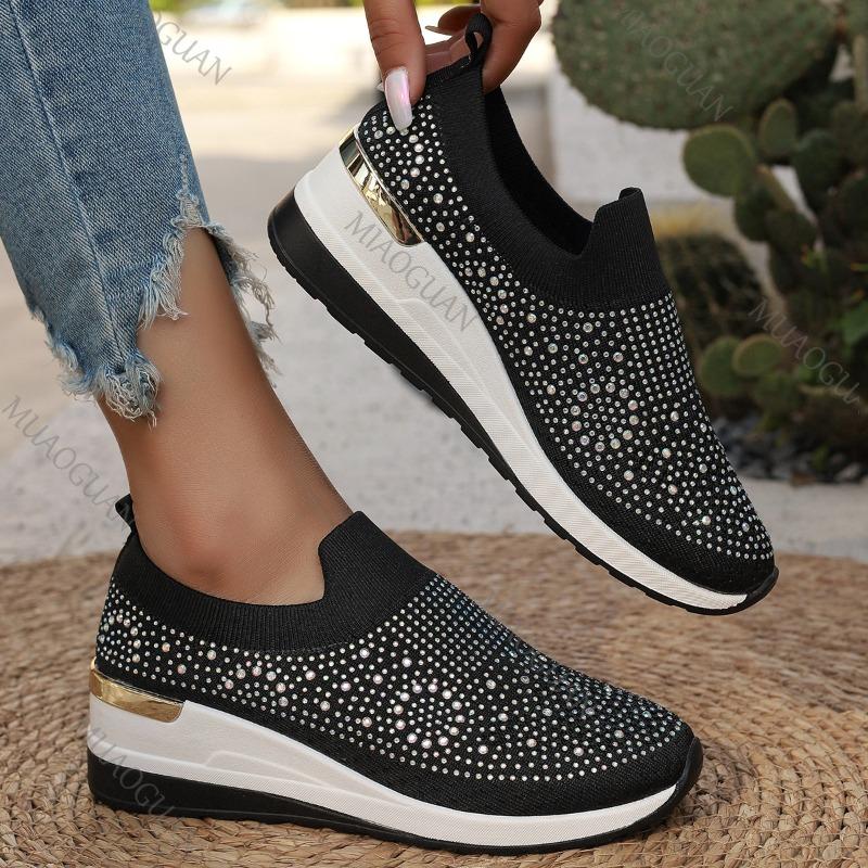 Fashion Rhinestone Casual Sneakers Mesh Breathable Wedge Women Lightweight Shoes New Comfortable Spring Slip On Sports Vulcanize Shoes
