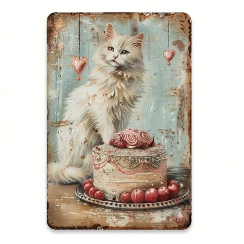 Retro Metal Sign Cat Rose Cake Home Decor