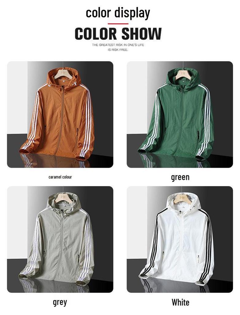 Three Stripes Men's Summer Sun Protection Hooded Jacket - Lightweight, Breathable, Ideal for Outdoor Sports & Fishing