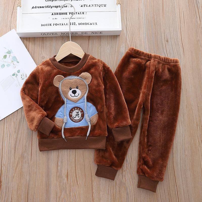 Småbarn Baby Gutter Klær Høst Vinter Barn Flanell Pyjamassett Tykk Varm Genser Tegneserie Søt bjørn Todelt Jentedress Joggedress