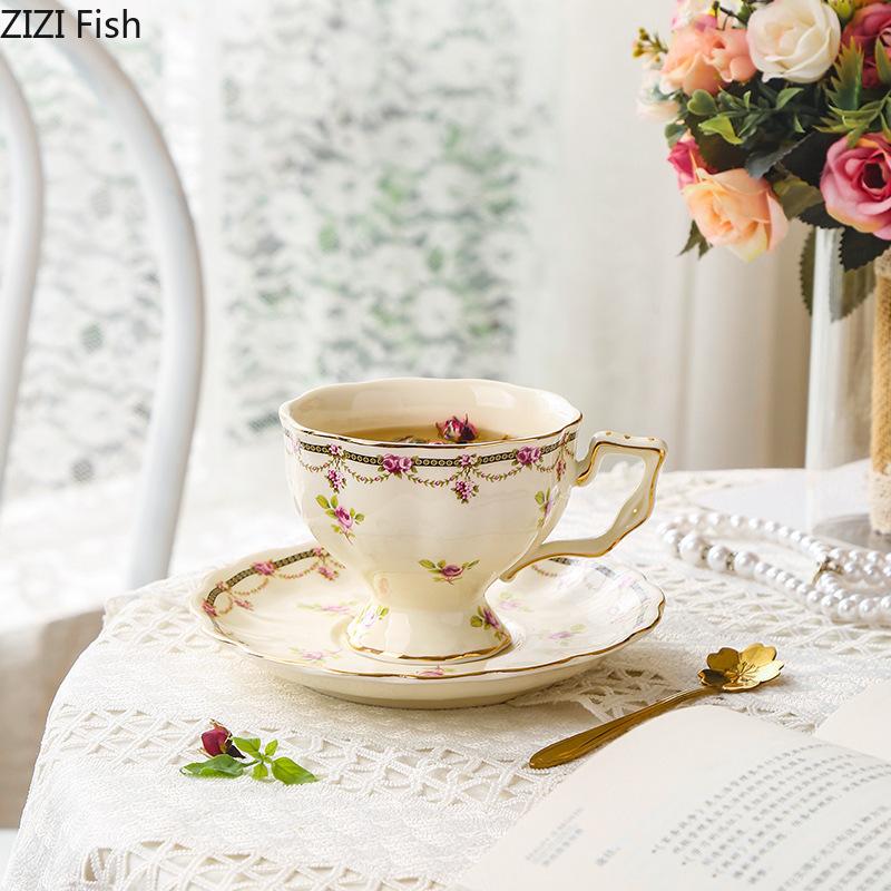 Golden Edge Ceramic Cup&saucer Pattern Floral Coffee Mug Dining Table Milk Mugs Afternoon Tea Teacup Fruit Juice Container