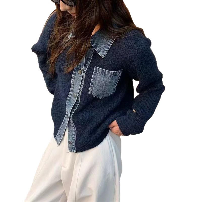 Korean-Style Denim Knit Polo Cardigan: Women's Loose-Fit Fashionable Autumn/Winter Sweater