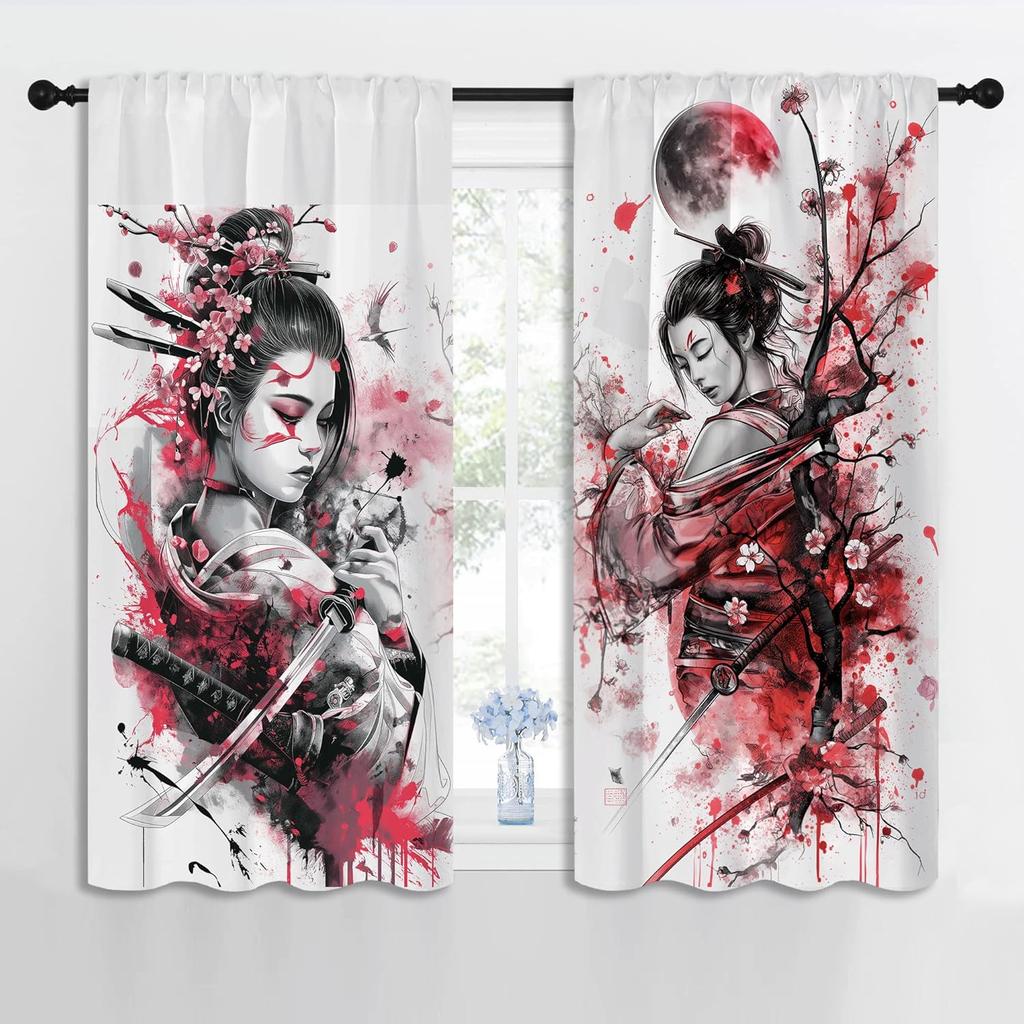 Modern Anime Curtains Boys Girl Bedroom Decor Japanese Cherry Blossom Female Samurai Thermal Insulated Curtain Blackout For Sleeping Area Polyester