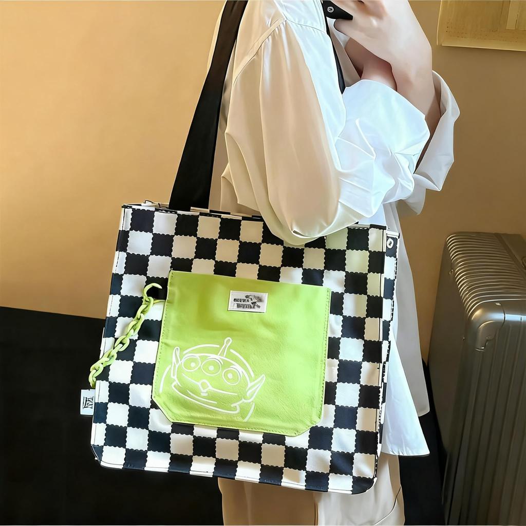 [hgTUP] Little Green Men Tote Bag, Canvas Tote Bag, Large Capacity, Alien Shoulder Bag, Canvas Tote Bag with Zipper and Interior Pocket, Eco Bag, Meet