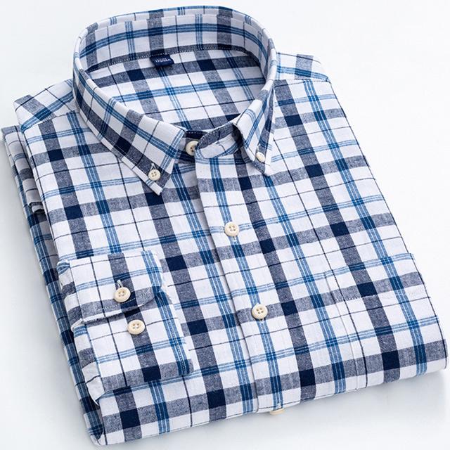 Men's Classic Fit Casual Plaid Linen Cotton Shirt Single Pocket Button-down Comfortable Soft Long Sleeve Stripe Checked Shirts