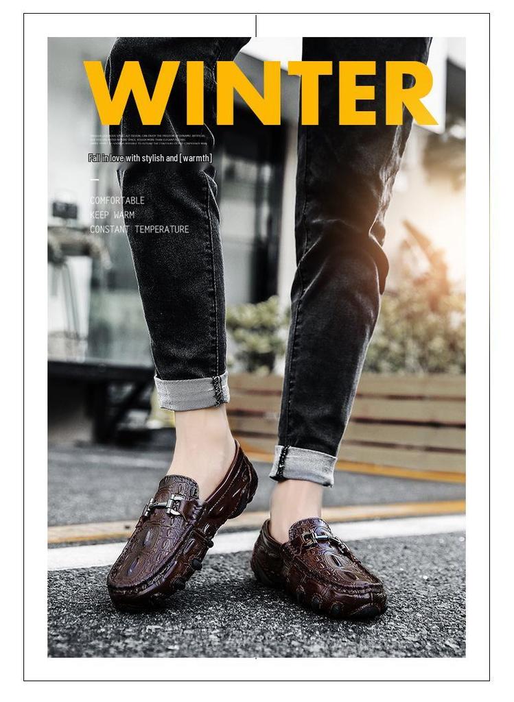 Men's Spring Alligator Pattern Leather Slip-On Shoes - Casual, Trendy, Soft Sole Driving & Work Shoes