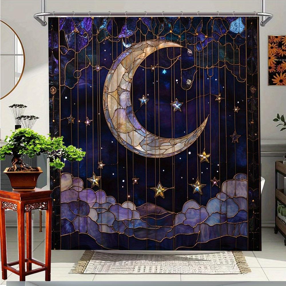 1Pc Moon Stars Night Sky Shower Curtain Dream Space Art Pattern Bathroom Decoration Polyester Fabric Contains 12 Hooks