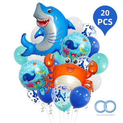 Ocean Animal-themed Birthday Happy Balloon Set - Crab, Shark, Blue Sequined Ocean Balloons - Birthday Party Decoration for Celebration