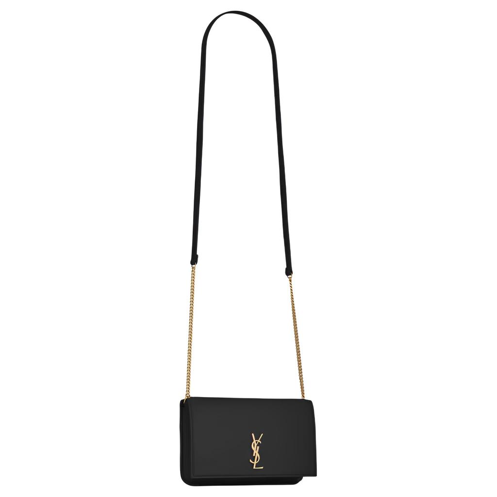 Saint Laurent Ysl Monograma Logo Dourado Pele de Bezerro Couro Liso Bolsa Transversal para Celular Bolsas Femininas Preto 635095-0U40J-1000