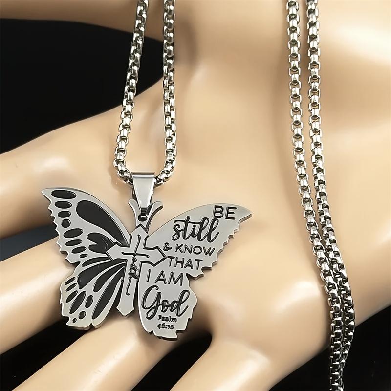Butterfly Cross Scripture Pendant Necklace, Fashionable Stainless Steel Silvery Necklace, Jewelry Gift
