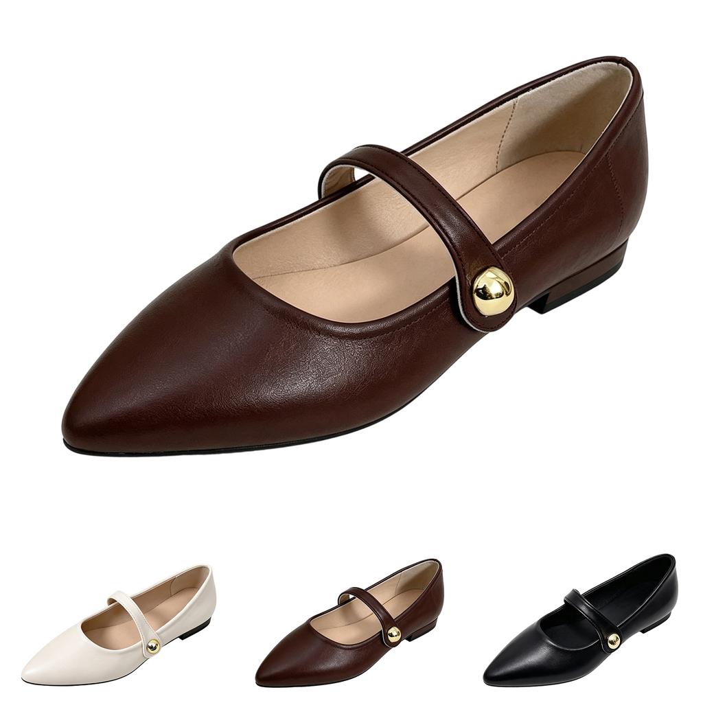 Pointed Toe Flat Shoes with Mary Jane Strap and Metallic Button Detail Slip On Design Comfortable Low Heel Casual Footwear for Women
