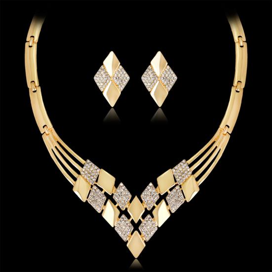 Women KC Gold Plated Rhombus Shape Necklace Earrings Rhinestones Jewelry Set