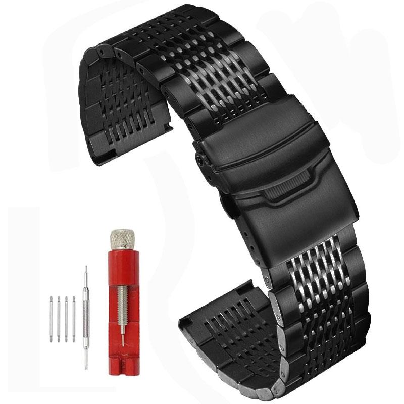 Bright Steel Strap 20mm 22mm 24mm Stainless Steel Watchband for Seiko Metal Bracelet Watch Band Dive Buckle Strap Silver Black
