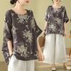 Damen Leinen Baumwolle Blumenmuster Bluse Freizeit Fledermausärmel Locker geschnittenes Hemd