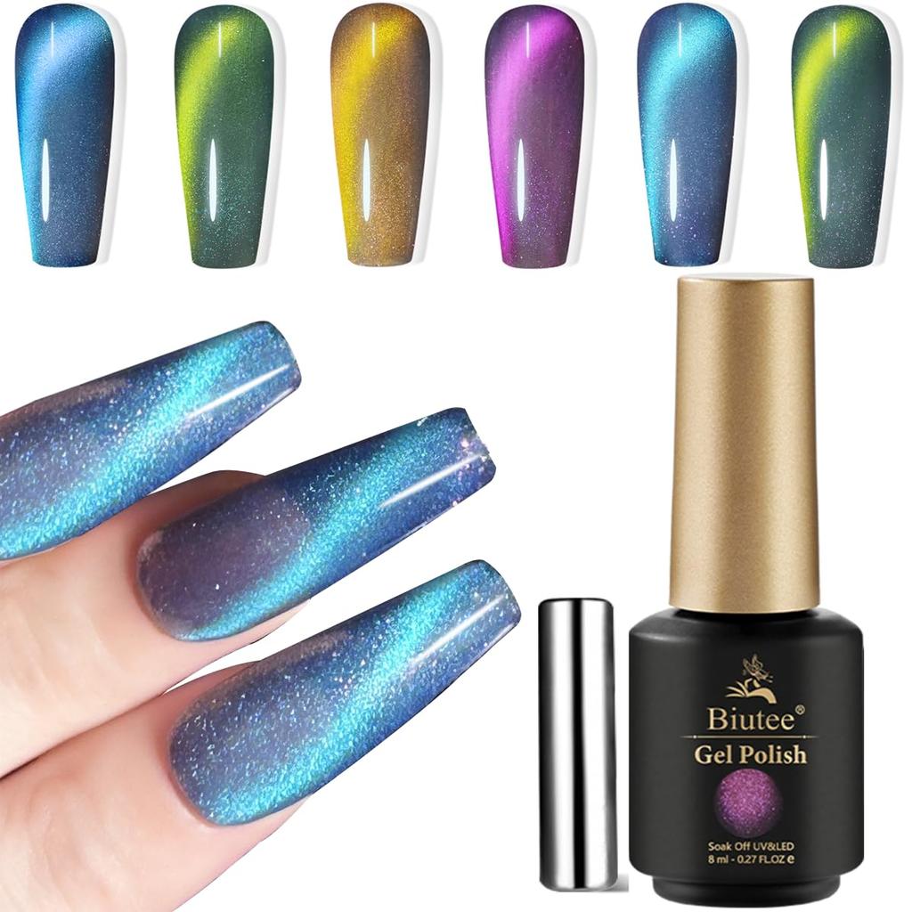 Biutee Magnetic Nail Gel Nail Cat Eye with Fine Diamond Dazzling Shine Polish, 6-Pack, Effect, 8ML, Magnet, Glitter, Gel, (997)