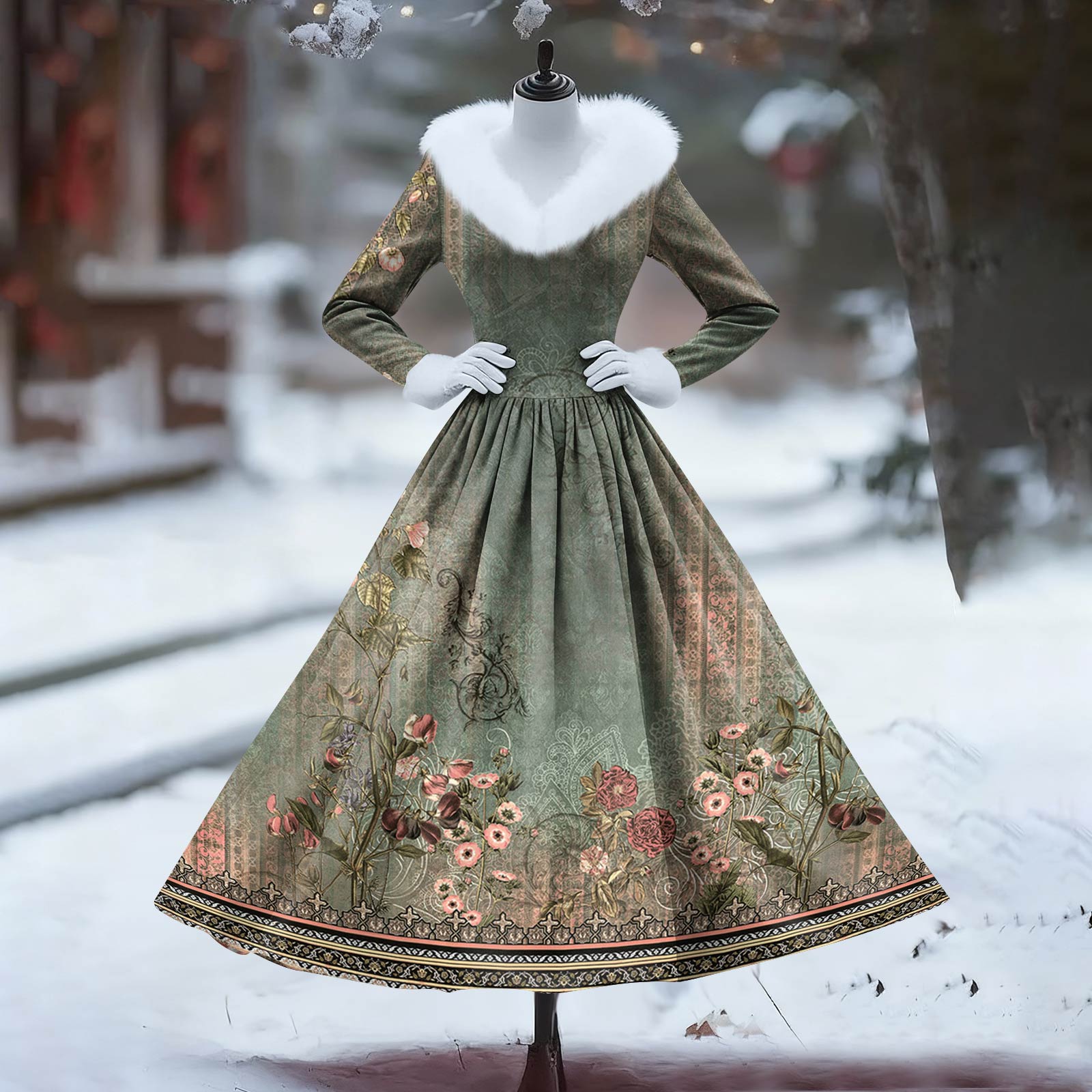 

Женское повседневное платье с длинным рукавом, V-образным вырезом, лоскутным флисом и рождественским принтом L армия зеленый