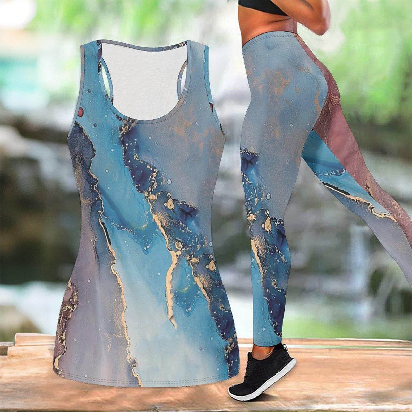 

Спортивний костюм для йоги з принтом під мармур для жінок Модні легінси для тренувань Фітнес Спортивний Повсякденний Набір для йоги Спортивний костюм XXL молодіжний синього кольору
