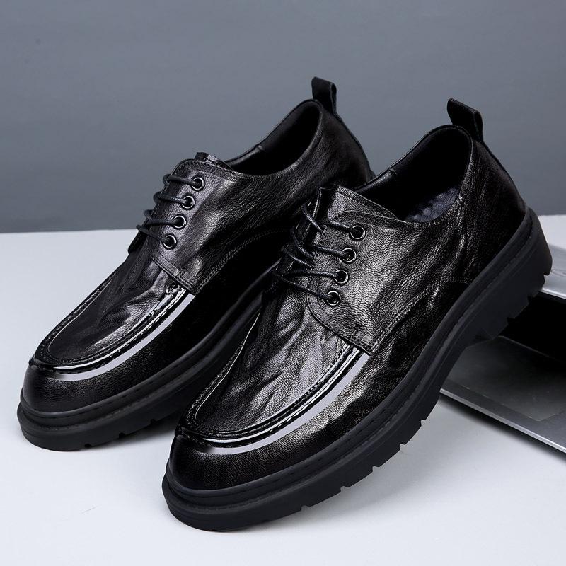 2025 new soft leather men's shoes lace-up round head business casual shoes youth versatile platform men's leather shoes 2025