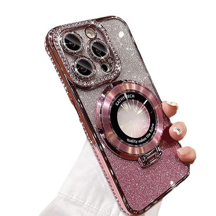 Magnetic Rhinestone Bracket for iPhone 13/14 Pro Max with Electroplated Glitter Lens Film