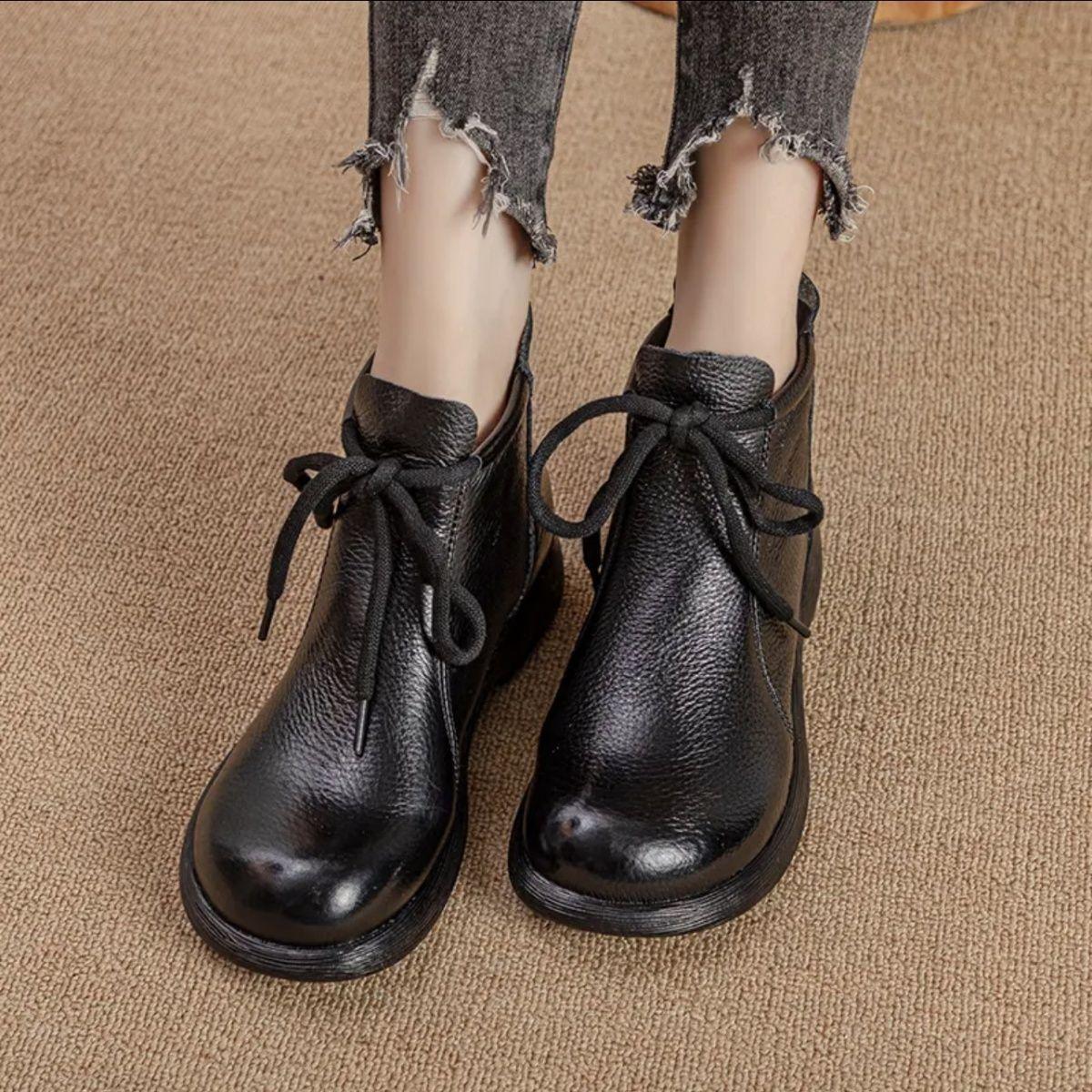 

Autumn new soft leather Martin boots soft leather retro short boots soft sole velvet simple single boots women s new Chinese women s shoes 35