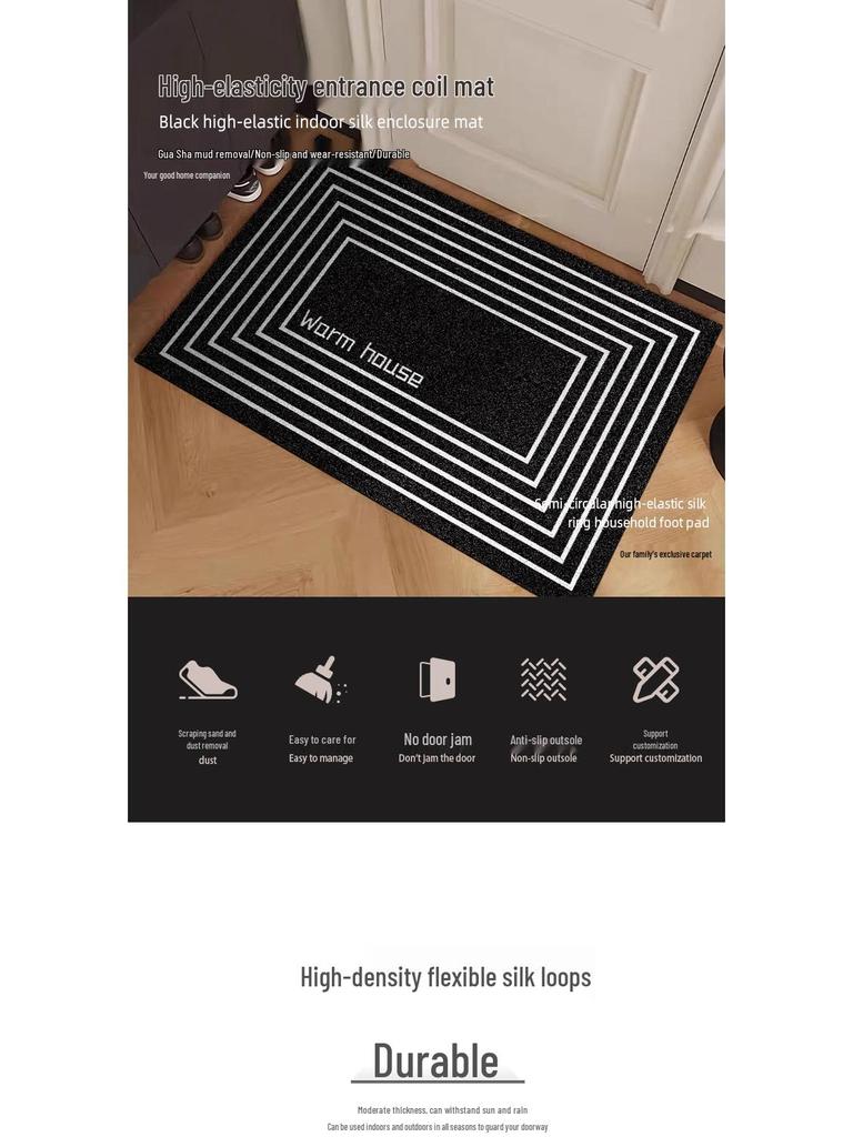 Black Line Flower Tile Doormat - Indoor/Outdoor Entryway Scraper Mat