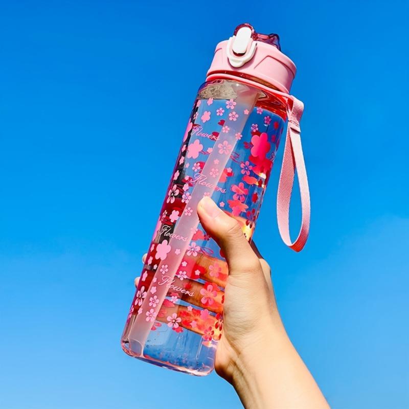 800ML Kreativer Kirschblüten-Weltraumbecher Tragbar Pop-Up-Deckel Transparent Plastikstrohhalm Wasserflasche Auslaufsicheres Trinkgeschirr Wasserbecher