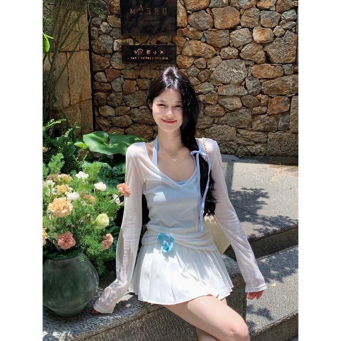 Fabric, mint green sunscreen T-shirt women's summer tulle blouse top dopamine wear versatile