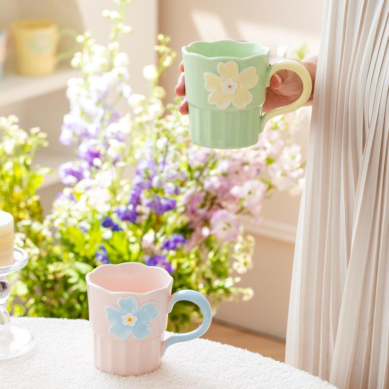 Creative Hand-painted Relief Contrasting Color Flower Cup Household Water Cup Design Sense Niche Mug Ceramic Souvenir Coffee Cup