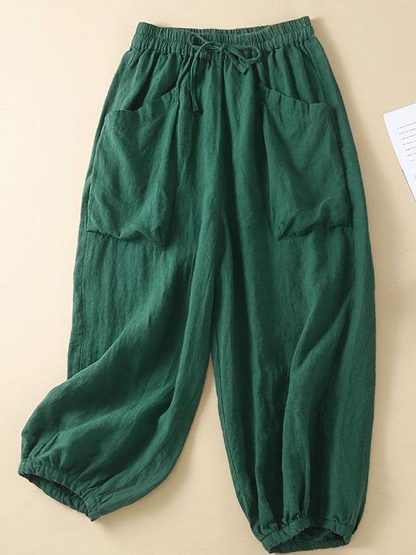 Women's Cotton Linen Harem Pants with Elastic Waist and Pockets