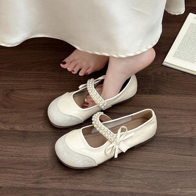 French temperament beautiful pearl one-word belt single shoes women's 2025 spring and summer new ballet shoes flat Mary Jane shoes