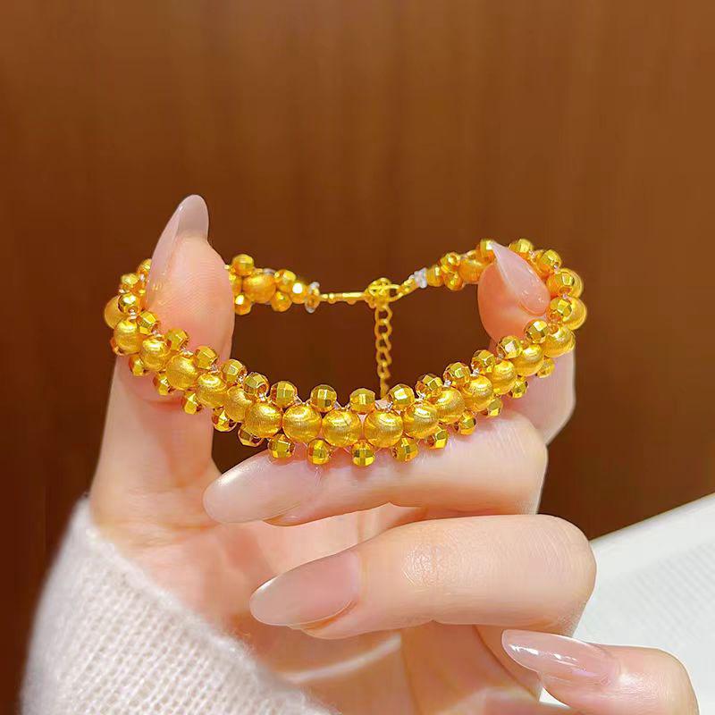Gold Sand Brushed Cat s Eye Beaded Bracelet: Retro & Lucky Women s Gift